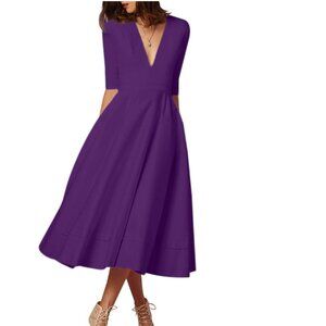 Purple Deep V-Neck Elegant Midi Dress | Size L